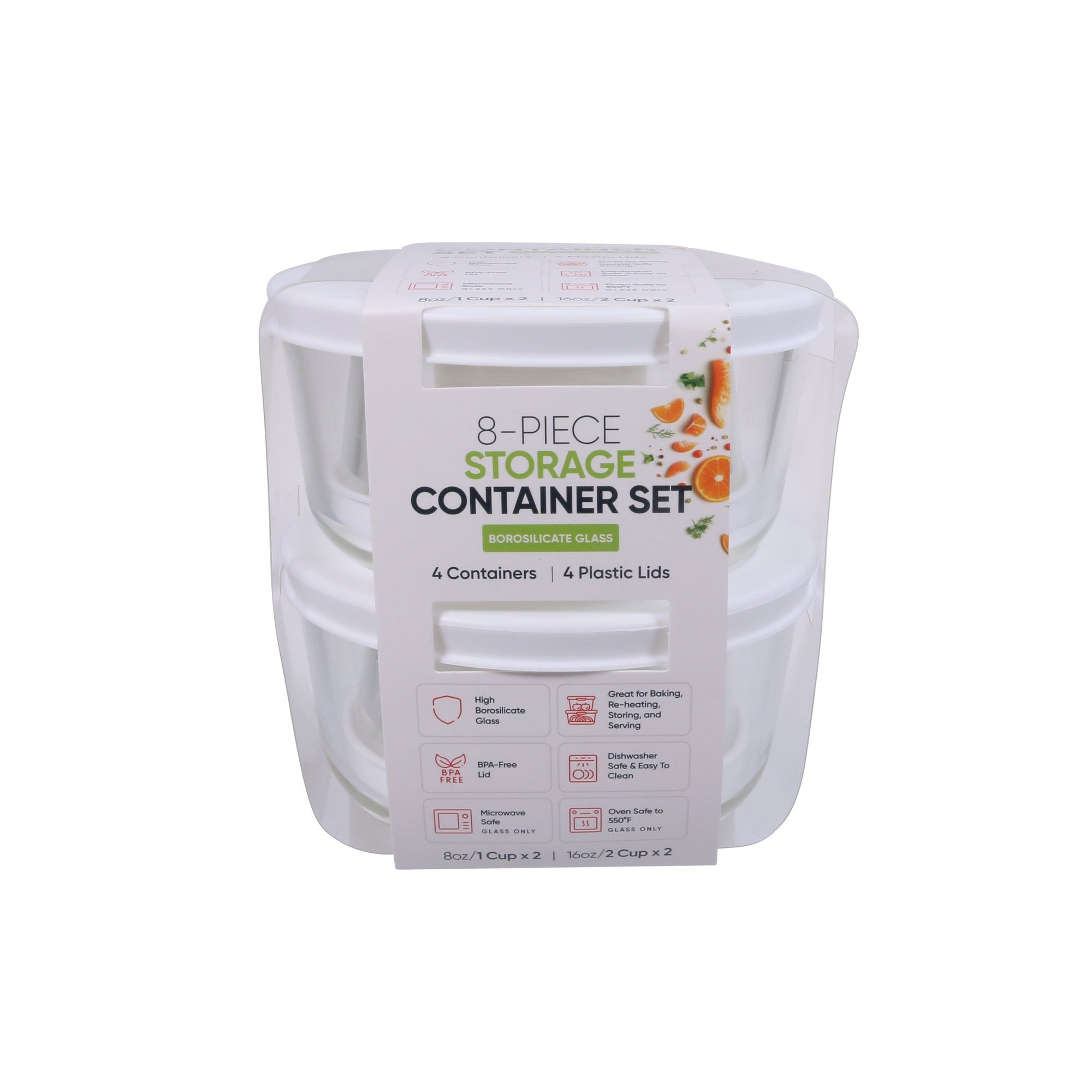 8 Piece (2 X 1 Cup / 8Oz & 2 X Cup / 16Oz) Round Glass Containers With Lids, White – Dura Living