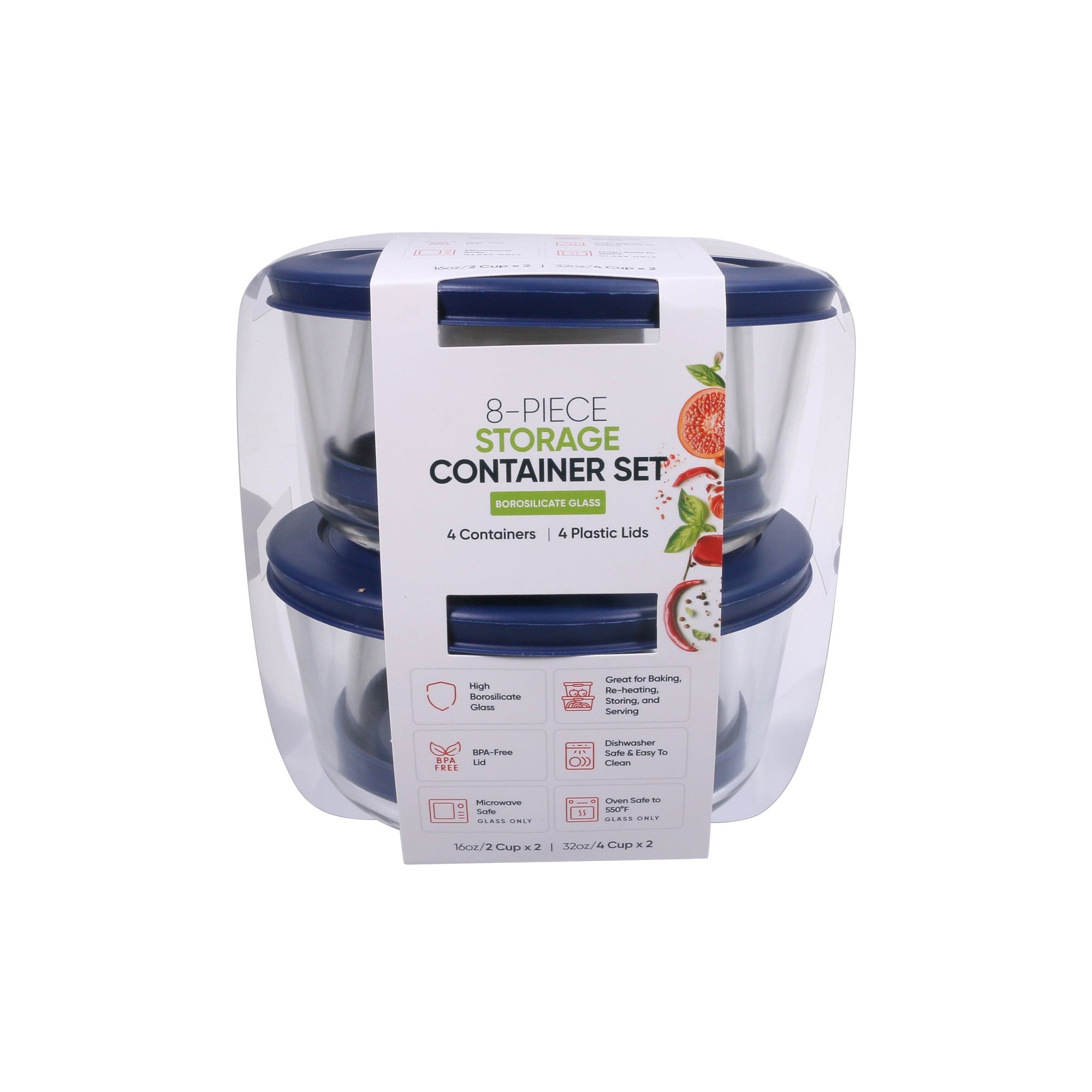 8 Piece (2 X 2 Cup / 16Oz & 2 X 4 Cup / 32Oz) Round Glass Containers With Lids, Blue – Dura Living