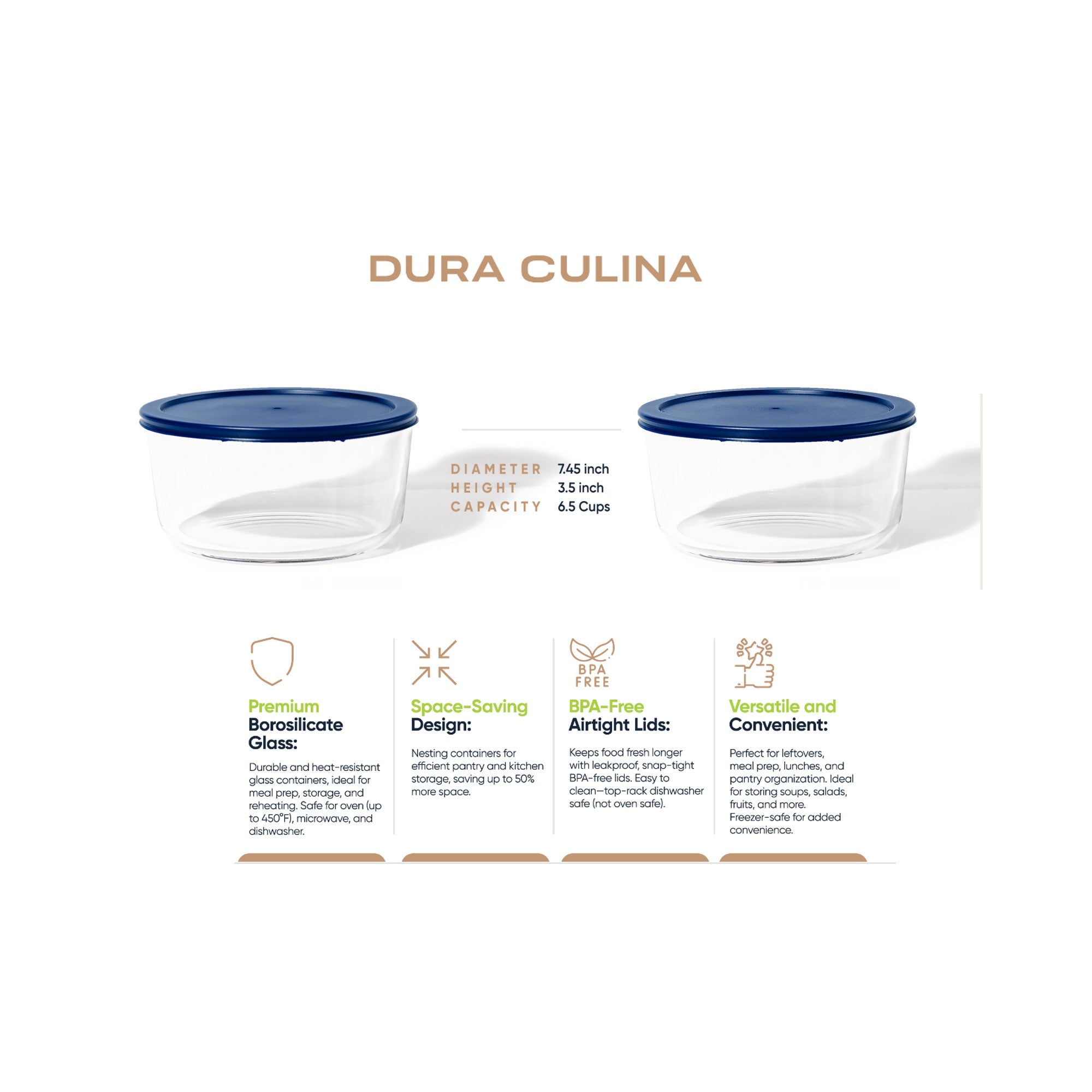 8 Piece Set (6.55 Cup / 52.4Oz) Round Glass Storage Containers With Lids, Blue – Detail – Dura Living