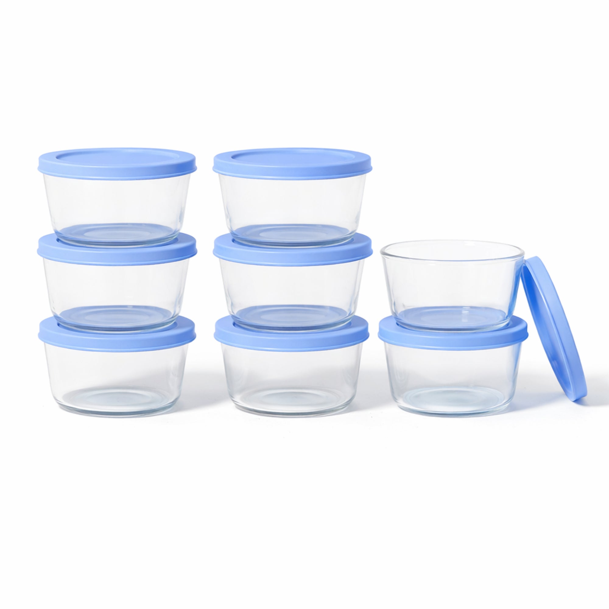 16 Piece Set (1 Cup / 8Oz)  Round Glass Storage Containers With Lids, Lavender Blue