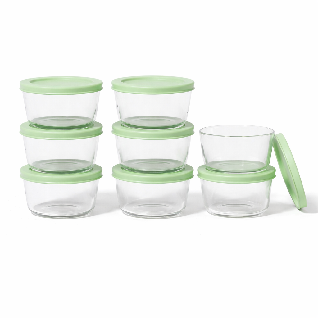16 Piece Set (1 Cup / 8Oz)  Round Glass Storage Containers With Lids, Pistachio