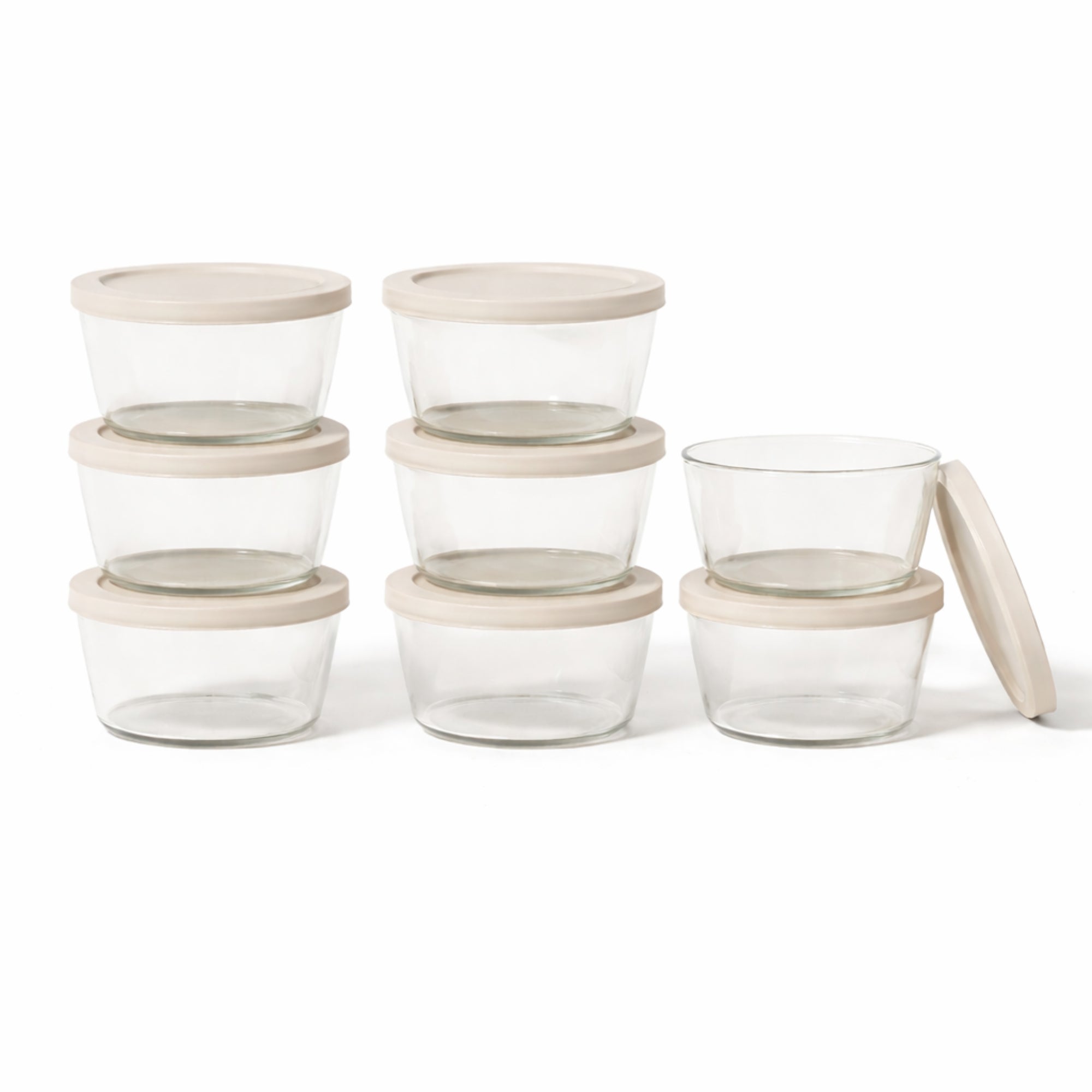 16 Piece Set (1 Cup / 8Oz)  Round Glass Storage Containers With Lids, Warm Beige