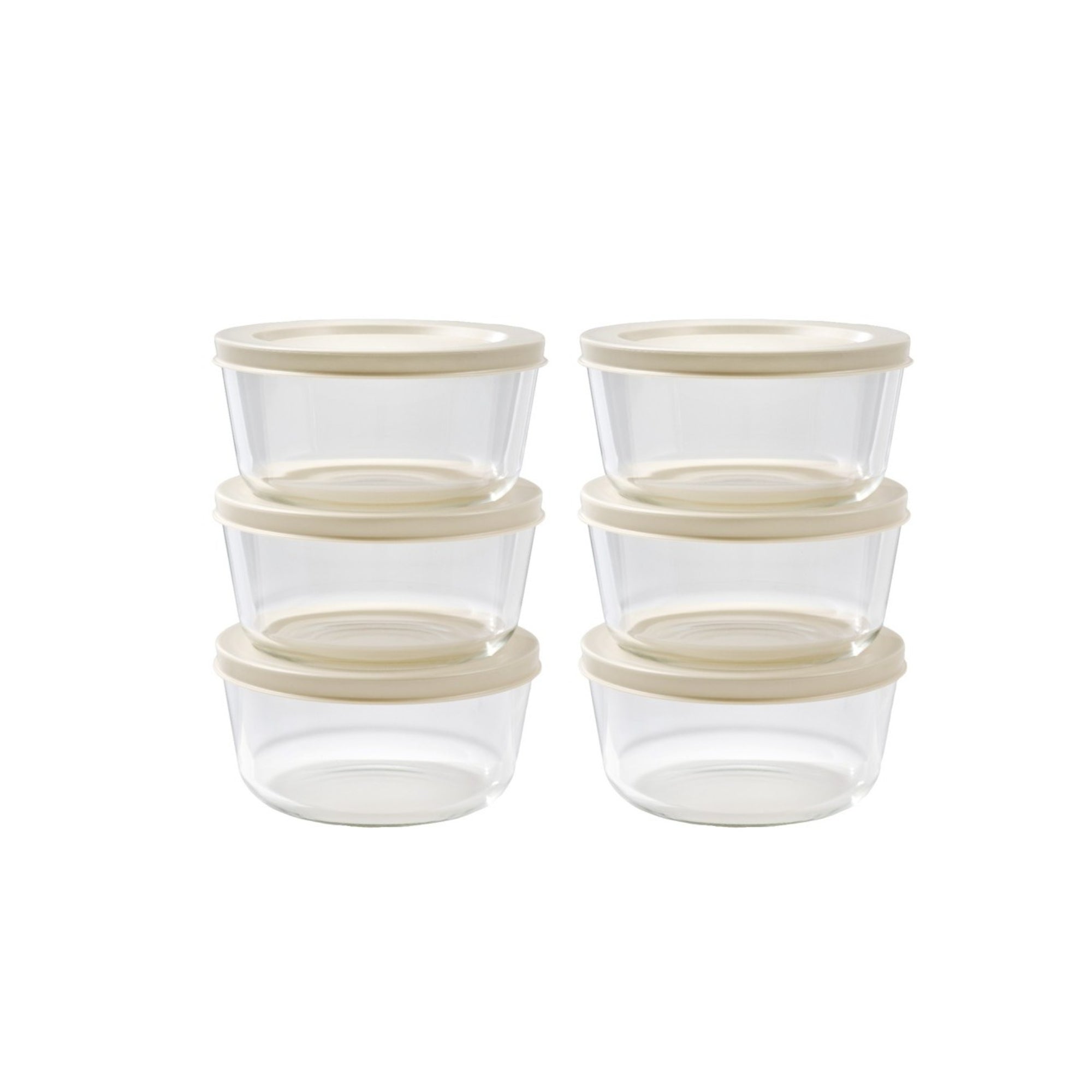 6 Piece Set (2 Cup / 16Oz)  Round Glass Storage Containers With Lids, Warm Beige