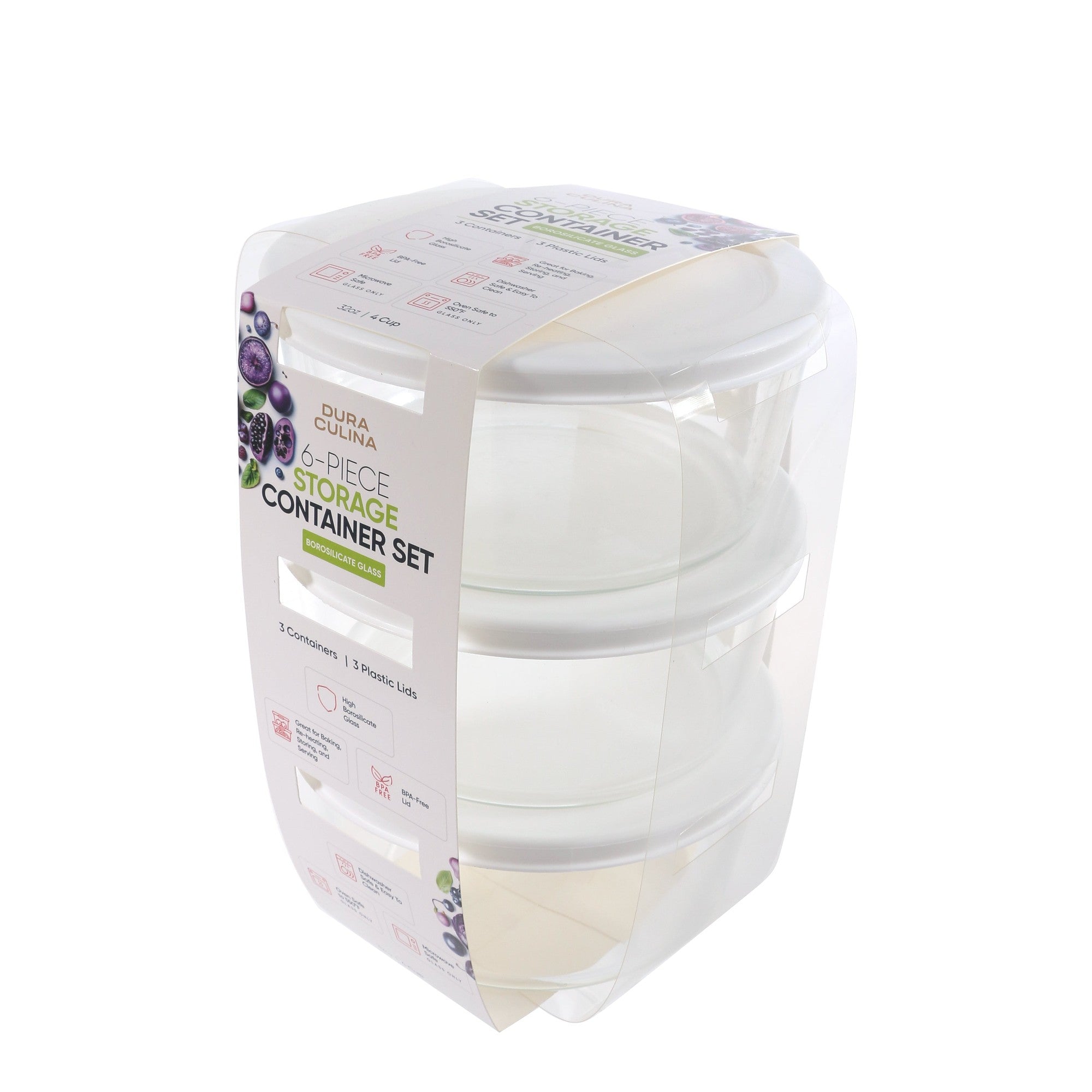6-Piece Set: (4 Cup / 32Oz) Round Glass Storage Dish With Lid White (Sleeve Packaging) – Dura Living