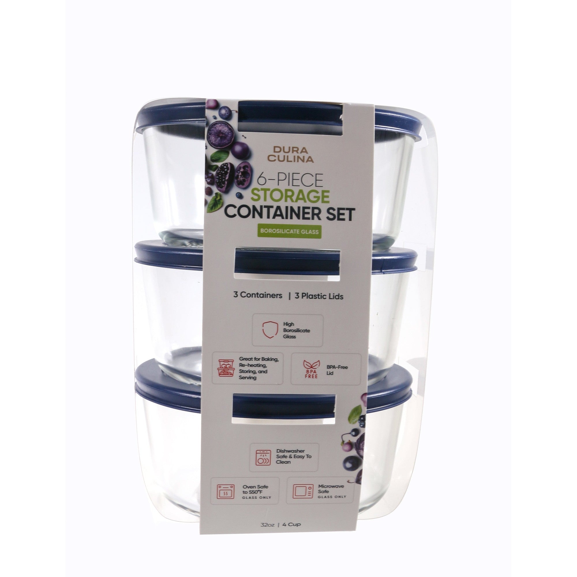 6-Piece Set: (4 Cup / 32Oz) Round Glass Storage Dish With Lid Blue – Dura Living