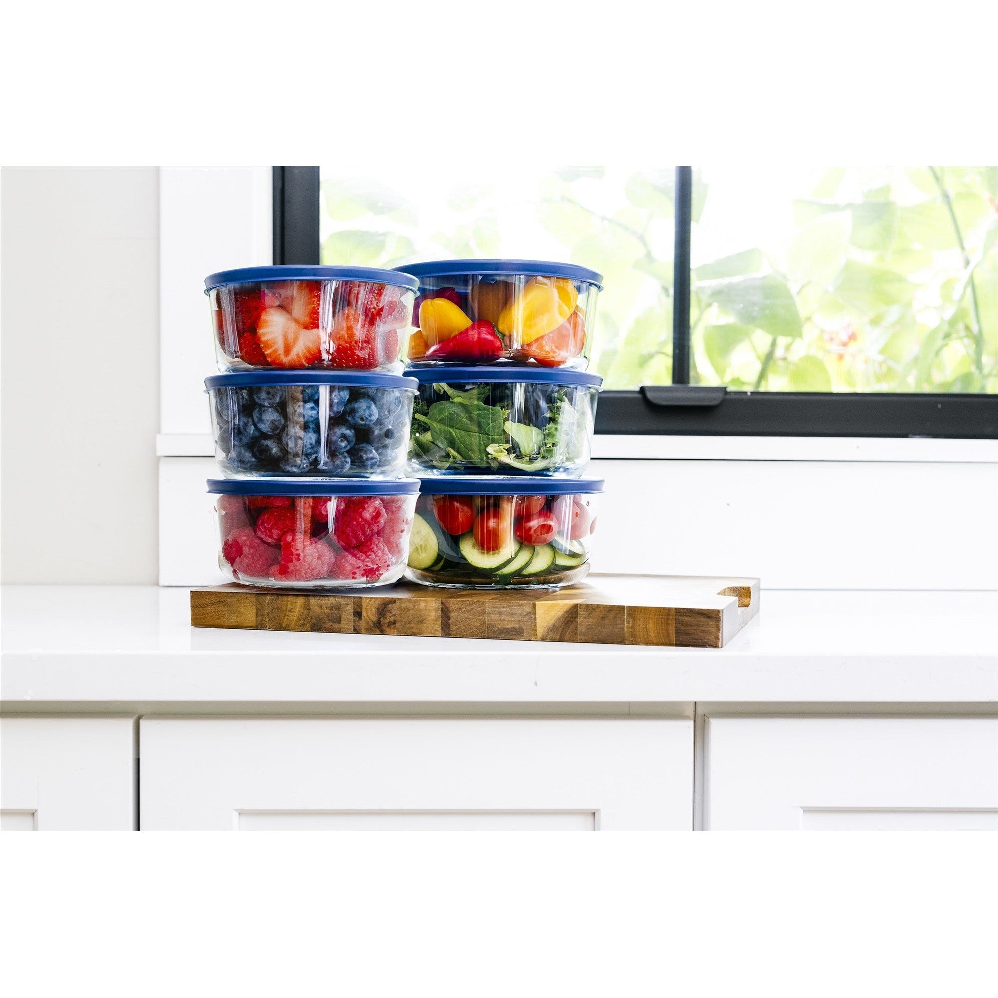 12 Piece Set (2 Cup / 16Oz)  Round Glass Storage Containers With Lids, Blue – Lifestyle – Dura Living