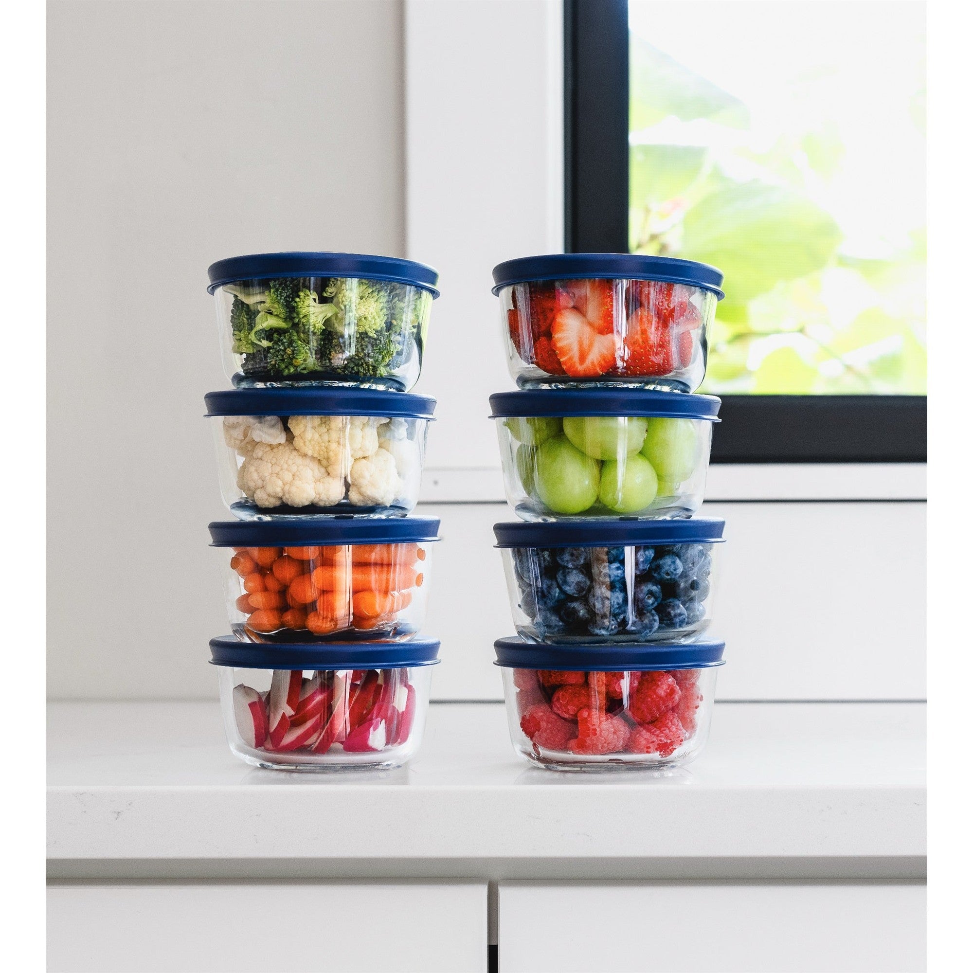 16 Piece Set (1 Cup / 8Oz)  Round Glass Storage Containers With Lids, Blue – Lifestyle – Dura Living
