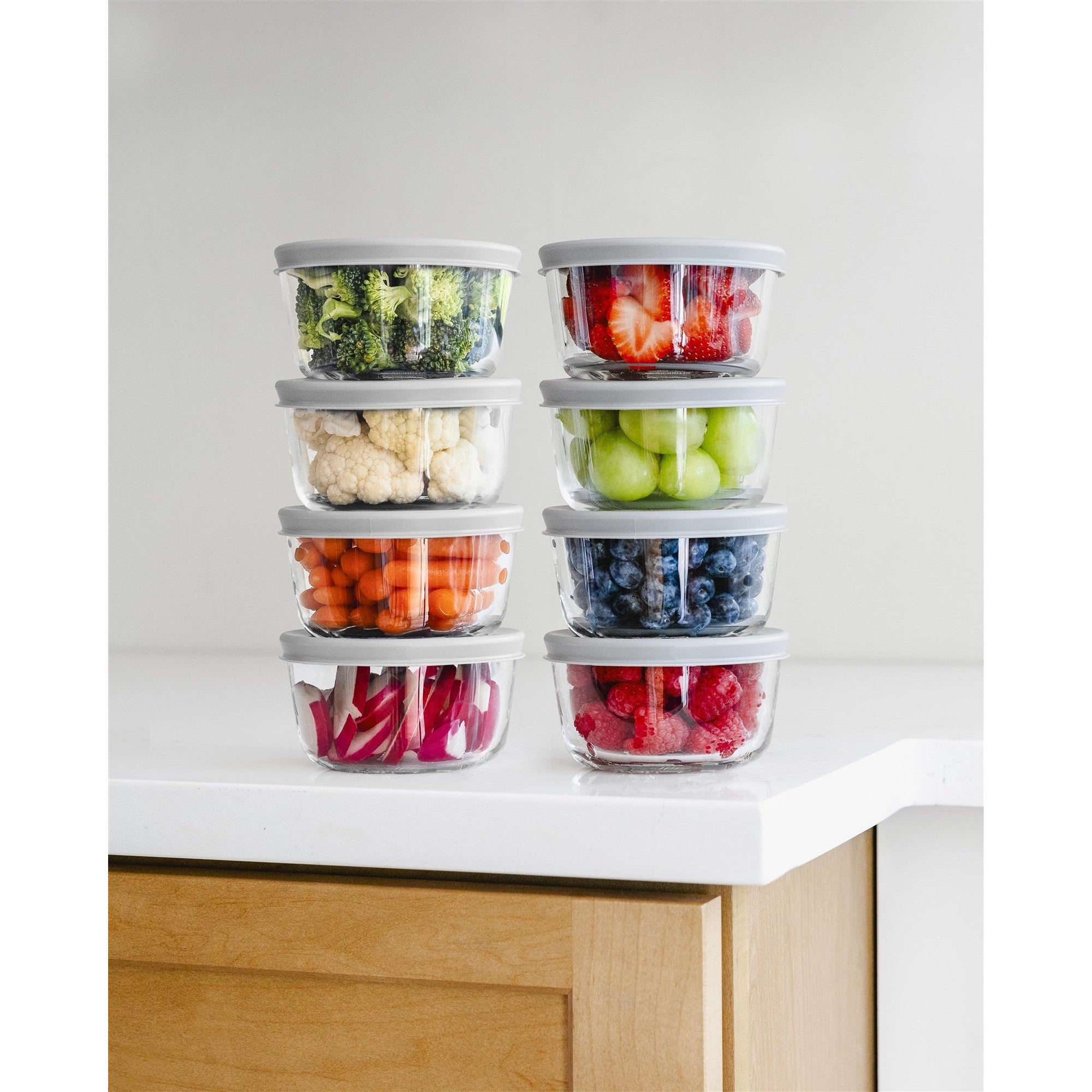 16 Piece Set (1 Cup / 8Oz)  Round Glass Storage Containers With Lids, Grey – Lifestyle – Dura Living
