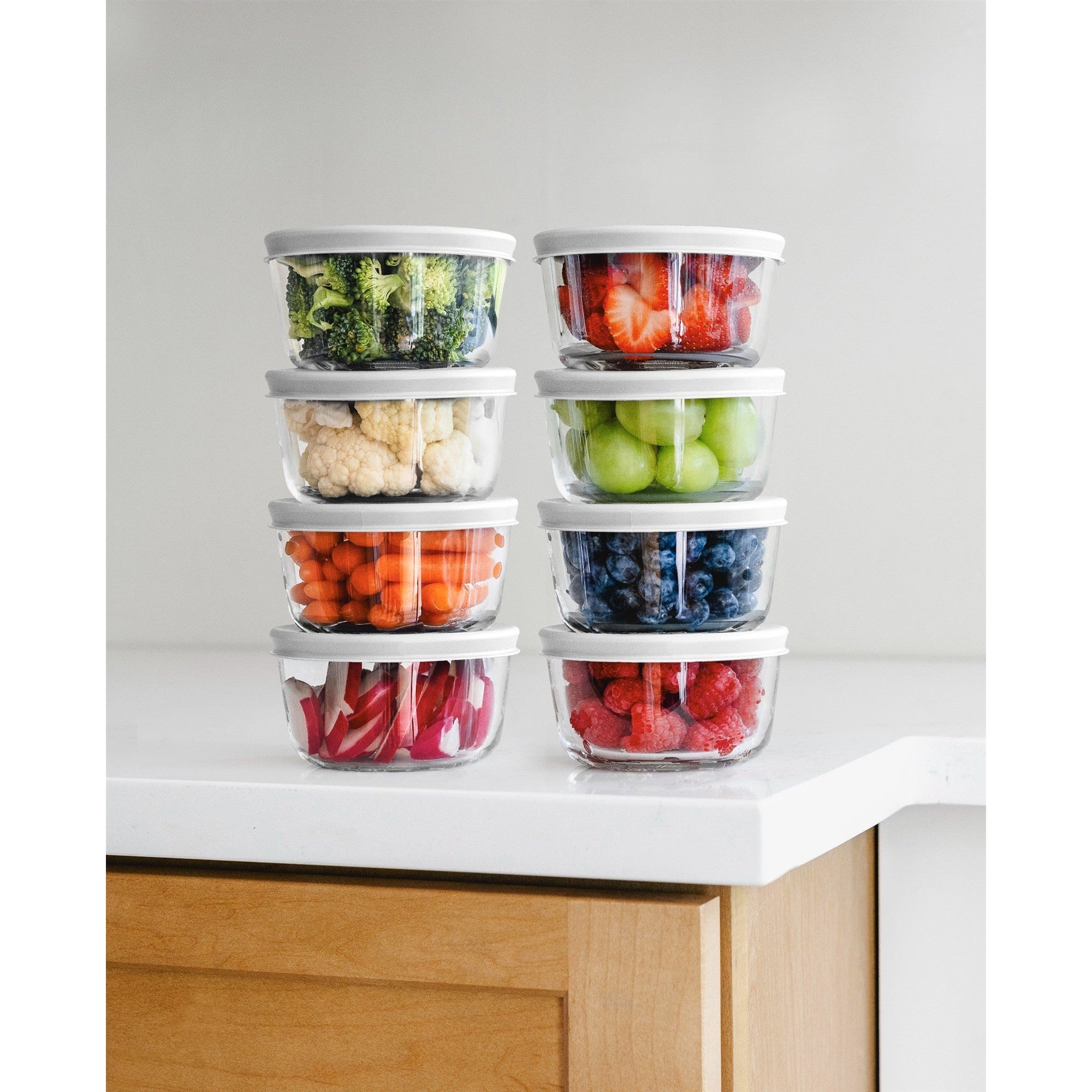 16 Piece Set 7 Oz  Round Glass Storage Containers With Lids, White – Lifestyle – Dura Living