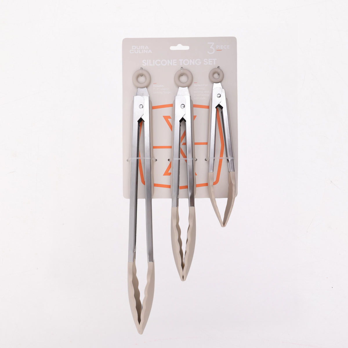3-Piece Stainless Steel Locking Kitchen Tongs with Silicon Tips, 7, 9 & 12", Taupe