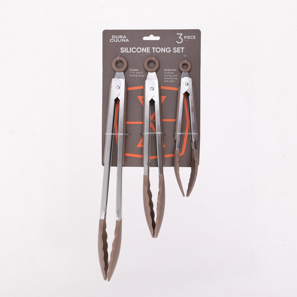 3-Piece Silicone and Stainless Steel Tong Set with Locking Handles – 7", 9" and 12", Brown