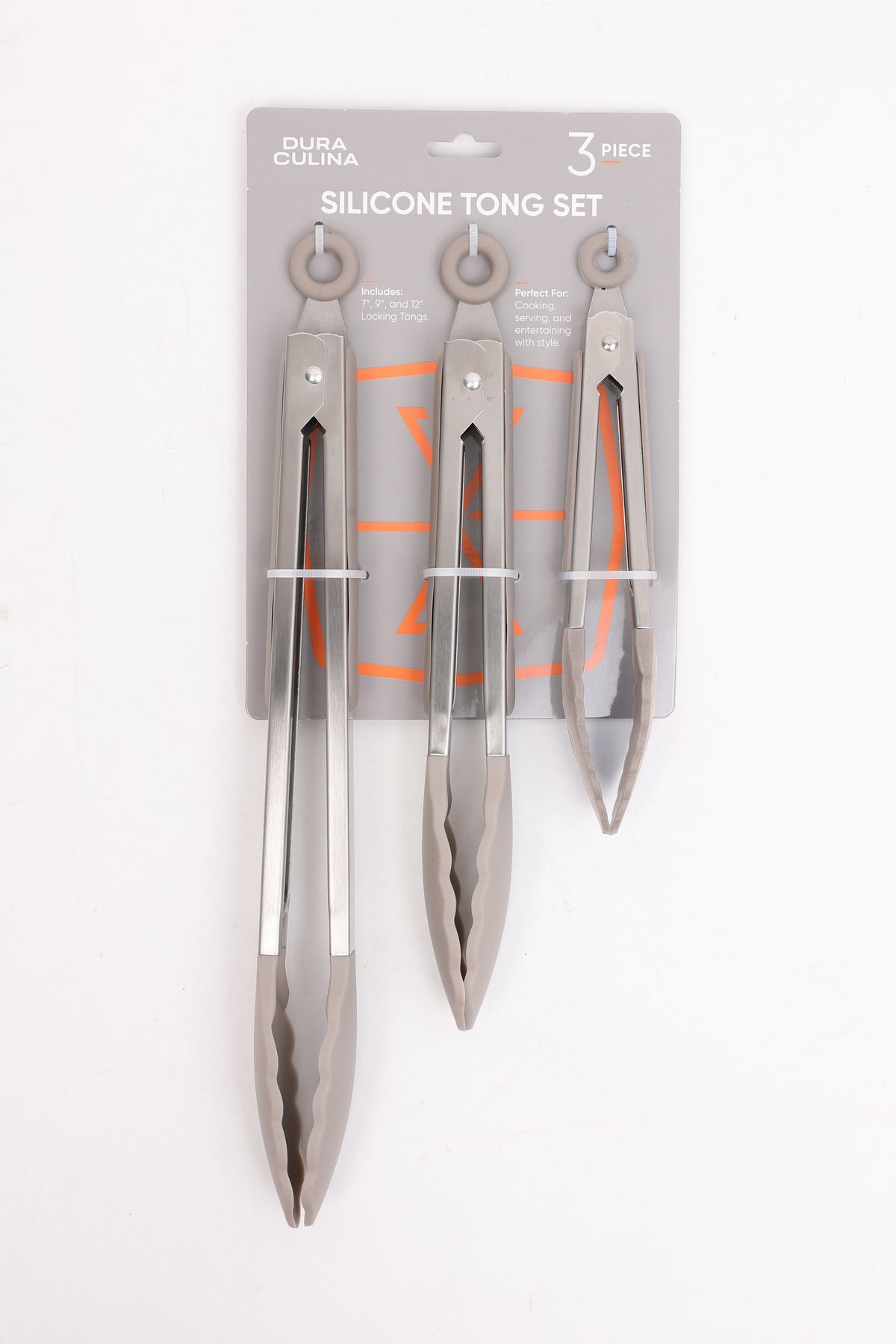 3-Piece Stainless Steel Locking Kitchen Tongs with Silicon Tips, 7, 9 & 12", Light Grey