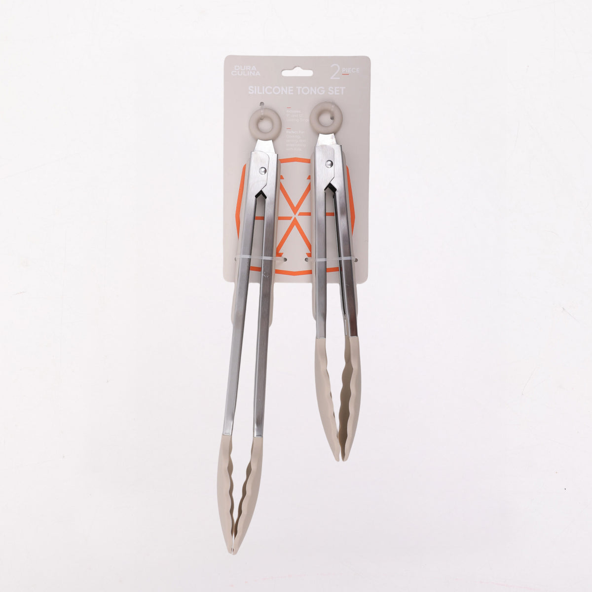 2-Piece Stainless Steel Locking Kitchen Tongs with Silicon Tips, 9 & 12", Taupe