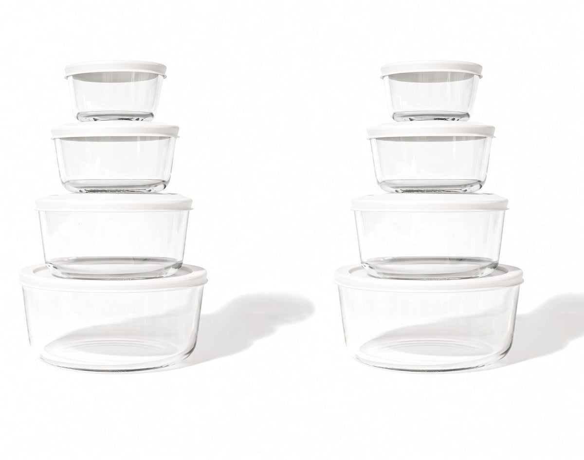 16-Piecee Round Nest Space-Saving Glass Storage Container Set (8 Containers + 8 Lids), White