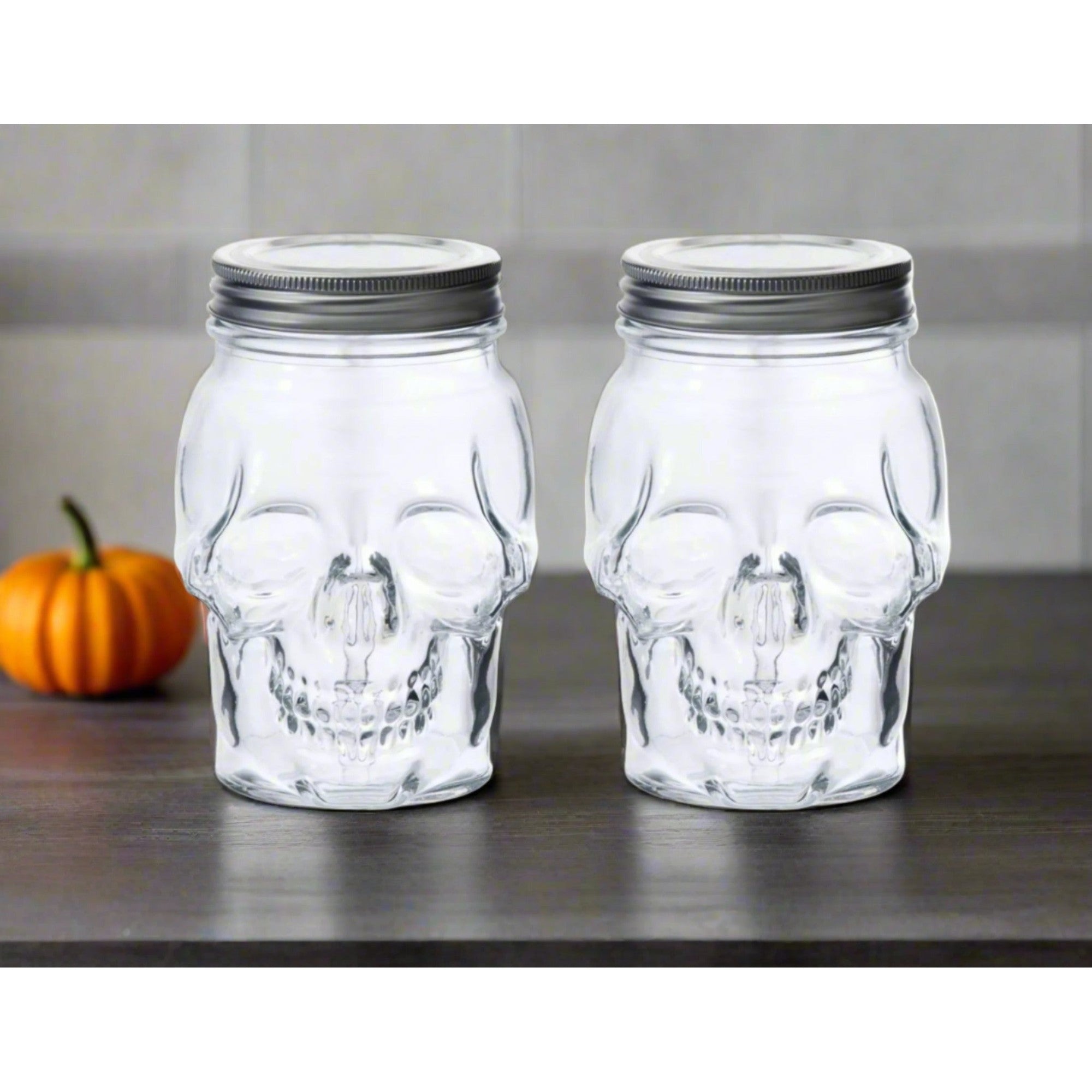 Skull Mason Jar with Lid, 4-Piece Set (2 skull Mason Jars & 2 Lids) 16oz, Clear – Packaging – Dura Living