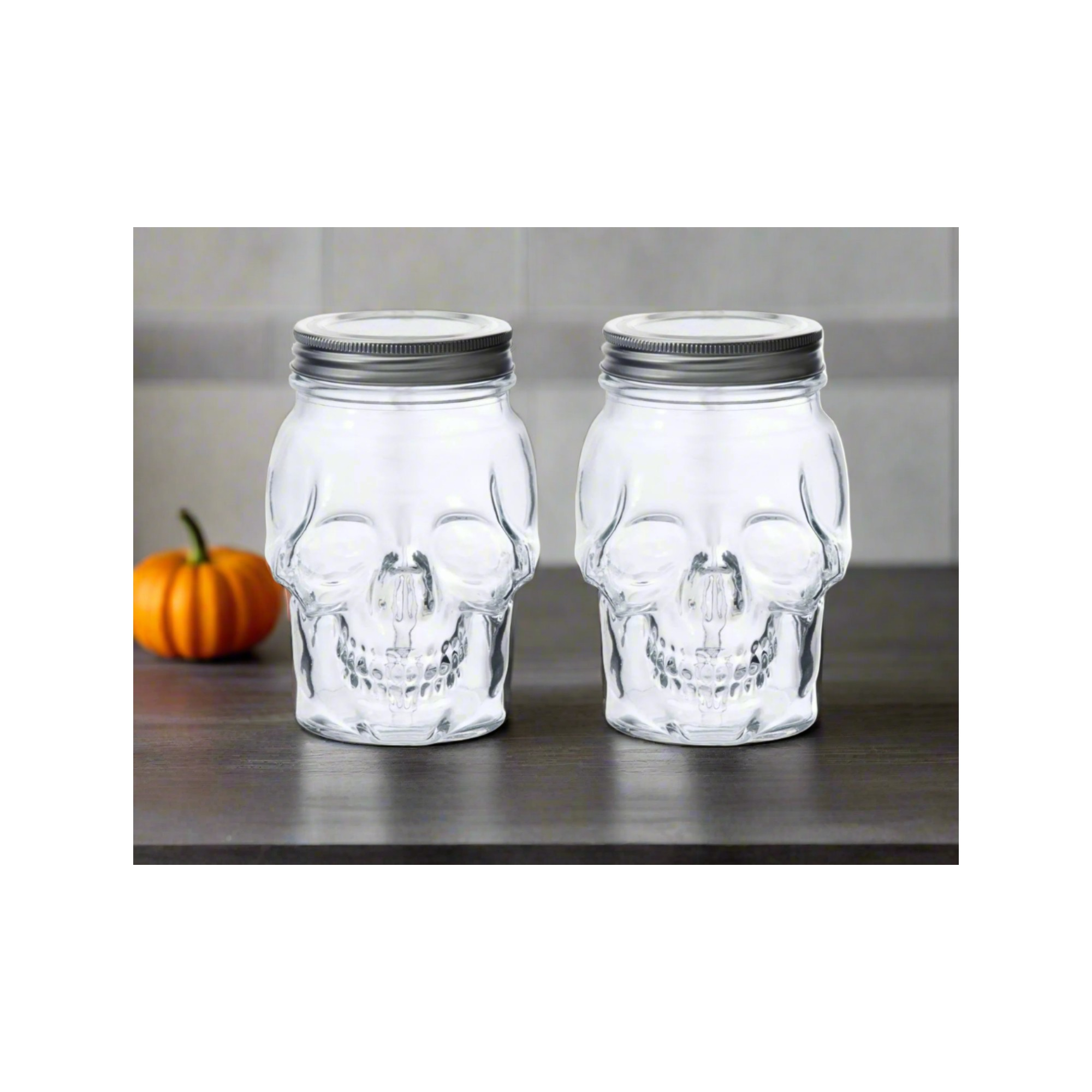 Skull Mason Jar with Lid, 4-Piece Set (2 skull Mason Jars & 2 Lids) 42oz, Clear – Full Set – Dura Living