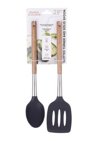 2-Piece Solid Spoon & Slotted Turner Set - Acacia Wood & Stainless Steel Handles, Silicone Heads, Non-Stick Safe, Black