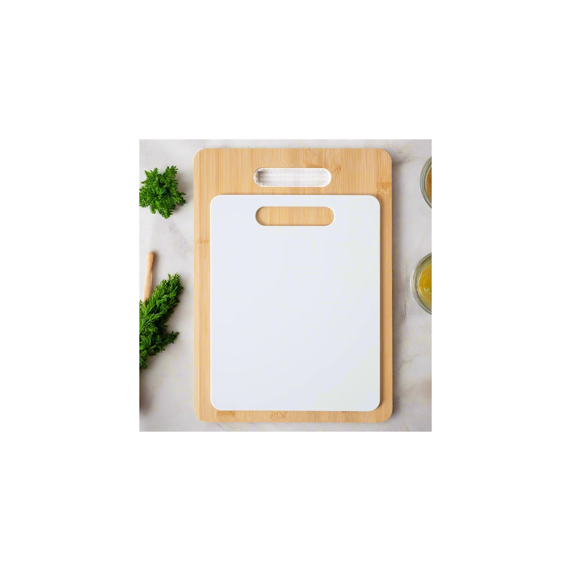 2-Piece Bamboo and Poly Cutting Board Set – Eco-Friendly Bamboo & Durable Poly Chopping Boards, White – Packaging – Dura Living