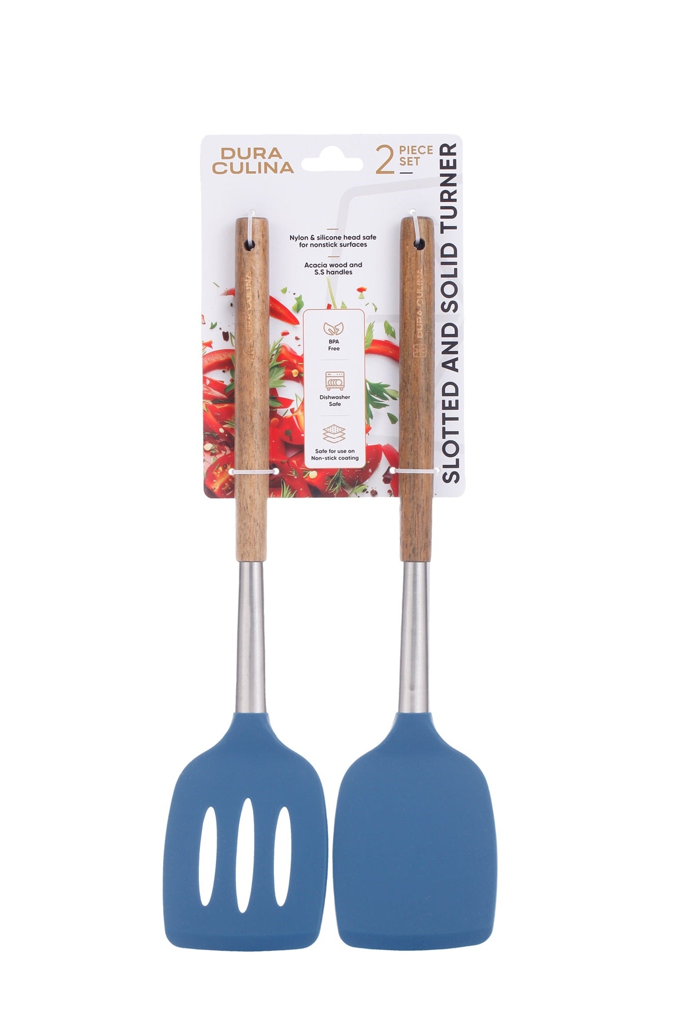 2-Piece Solid & Slotted Turner Set - Acacia Wood & Stainless Steel Handles, Silicone Heads, Non-Stick Safe, Navy