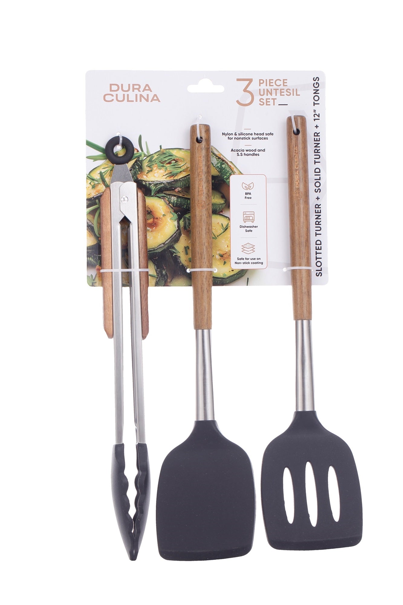 3-Piece Kitchen Tool Set - Acacia Wood & Stainless Steel Handles, Silicone Heads, Non-Stick Safe, Black