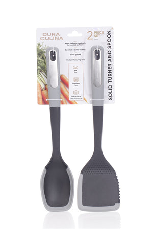 2-Piece Turner & Spoon Set – with Silicone Edge, Scratch-Proof, Heat Resistant Soft Grip Handles