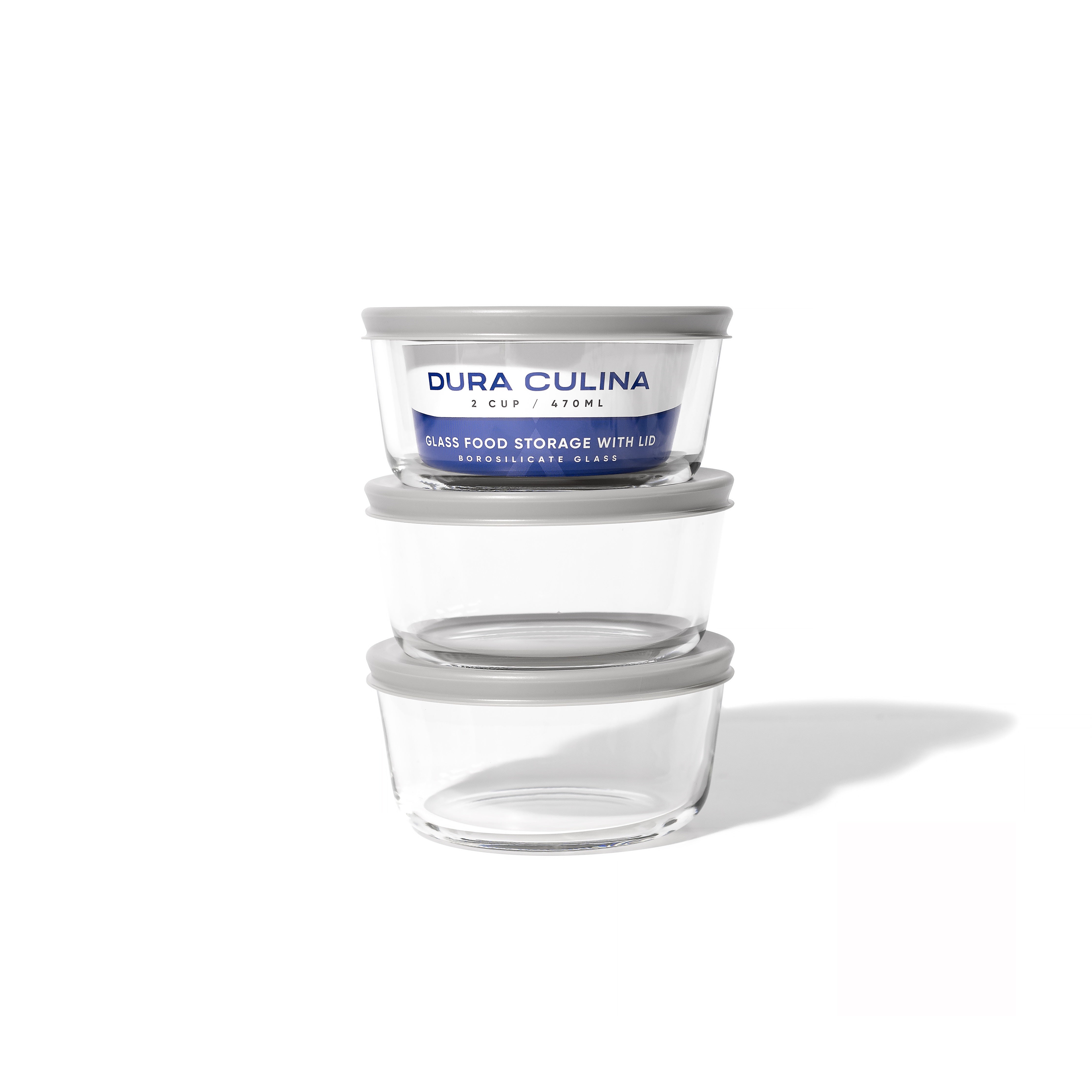 Glass Food Storage Containers - 6 Piece 2 Cup Set (3 Containers + 3 Lids)