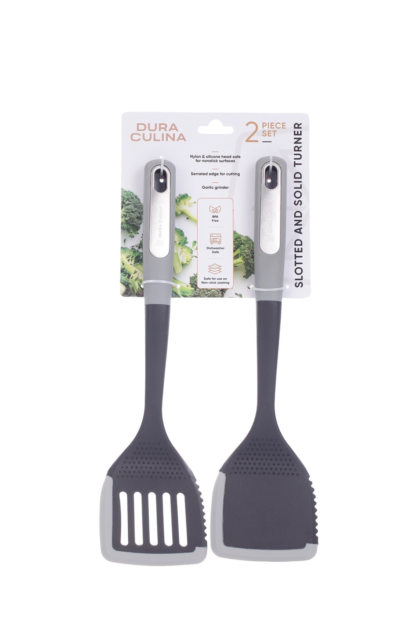 2-Piece Nylon Turner Set - Slotted & Solid Turner with Silicone Edge, Scratch-Proof, Heat Resistant Soft Grip Handles