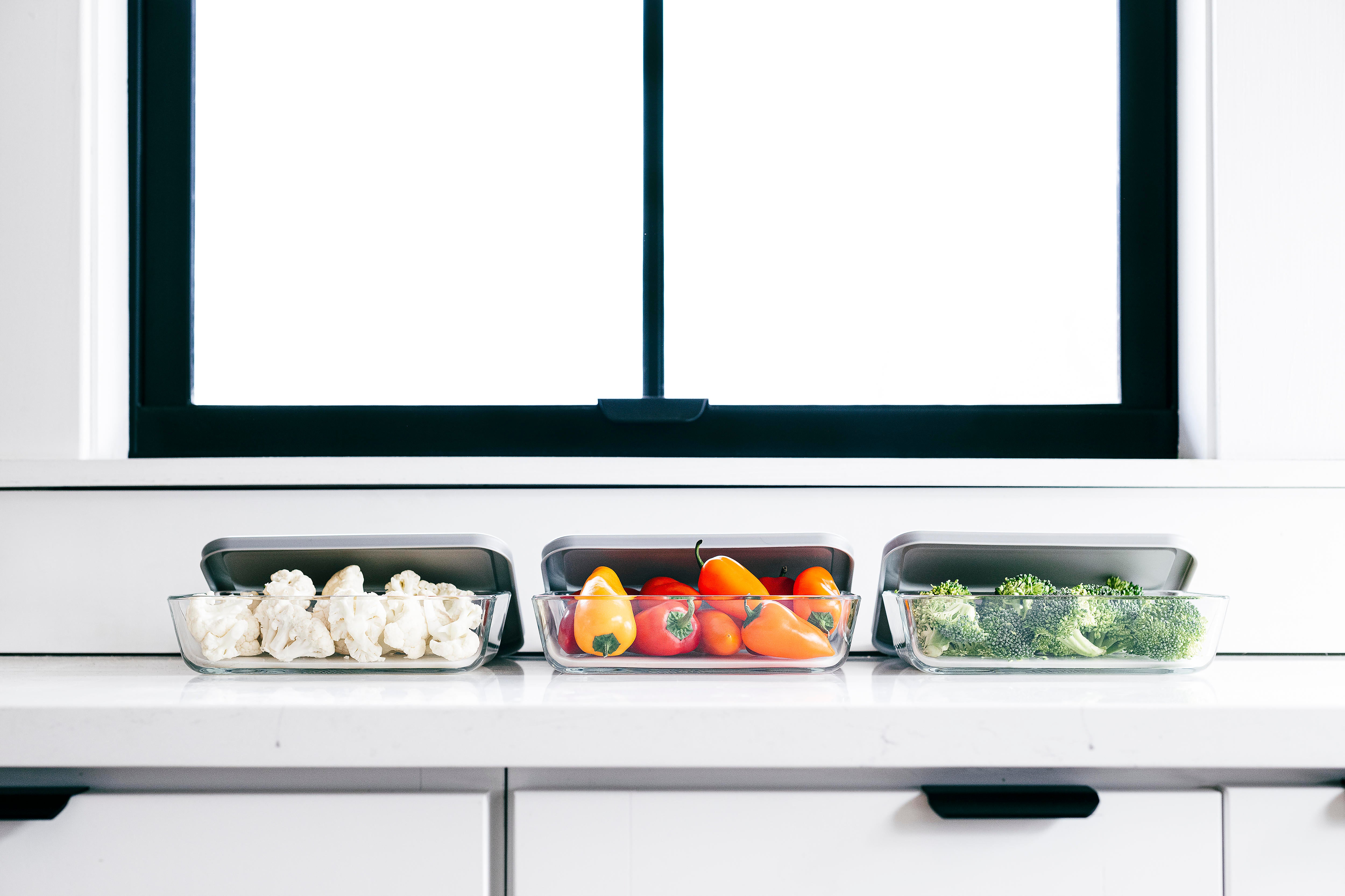 Glass Food Storage Containers - 12 Piece (6 Containers + 6 Lids) Rectangular Nesting Space-Saving Set