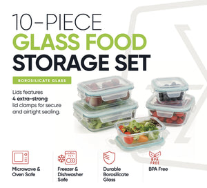 20-Piece Glass Food Storage Containers with Airtight Locking Lids (10 Containers + 10 Lids)