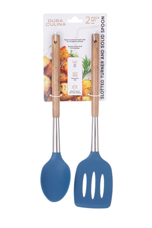 2-Piece Solid Spoon & Slotted Turner Set - Acacia Wood & Stainless Steel Handles, Silicone Heads, Non-Stick Safe, Navy