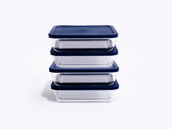 Glass Food Storage Containers - 8 Piece 6.55 Cup (4 Containers + 4 Lids) Rectangular Set