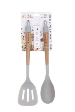 2-Piece Solid Spoon & Slotted Turner Set –Acacia Wood Handles, Non-Stick Safe Nylon Heads, Soft Grip Handles, Heat Resistant