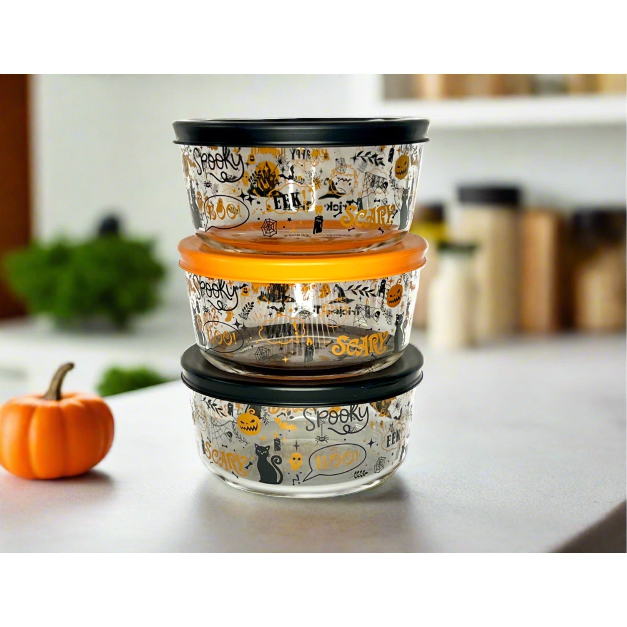 Dura Living Halloween Glass Storage Containers with Lids, 2 Cup Set Set of 6 (3 Containers + 3 Lids) – Lifestyle – Dura Living