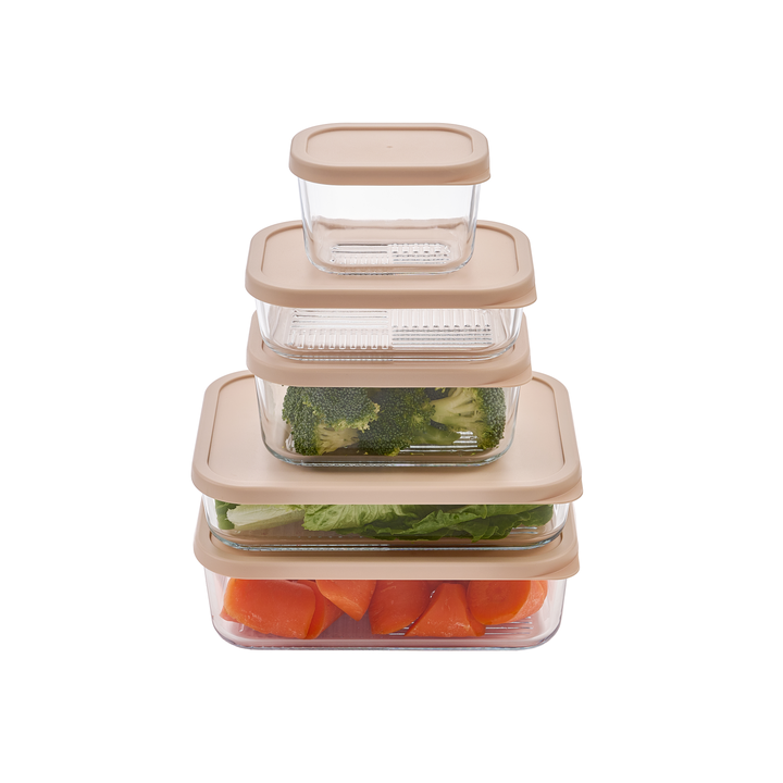 Container Culture 6-Piece Airtight Glass Food Storage Set with Lids, 25.35oz & 40.57oz Mixed Sizes - Cashew Cream