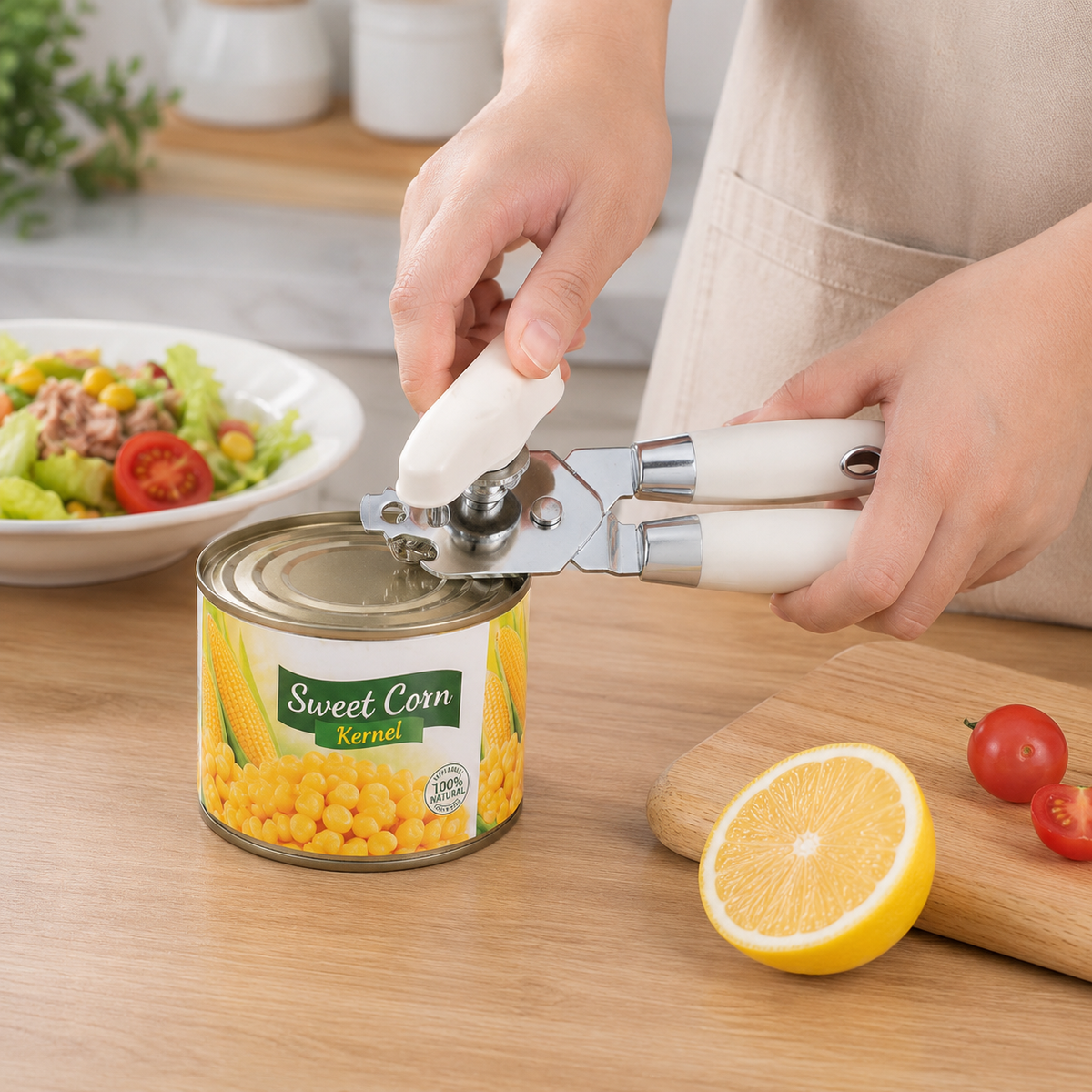 Manual Can Opener and Bottle Openers, Soft Comfortable Handles, Cloud Dancer