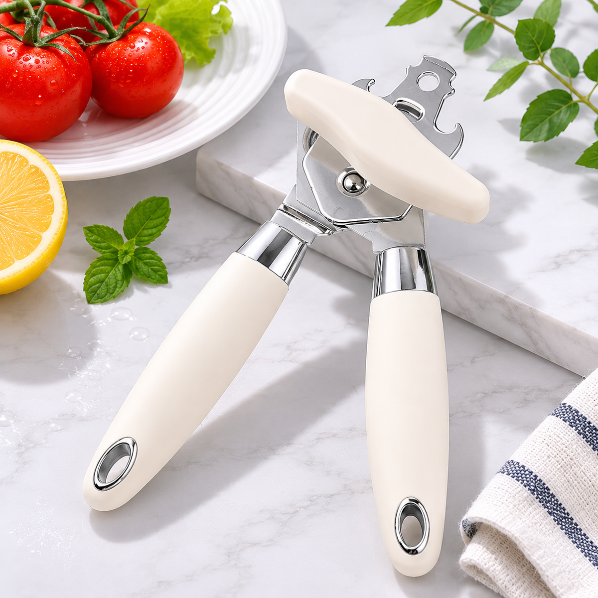 Manual Can Opener and Bottle Openers, Soft Comfortable Handles, Cloud Dancer