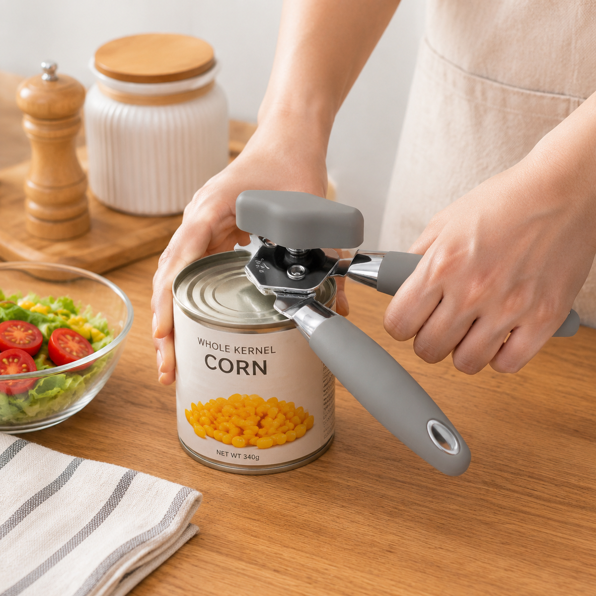Manual Can Opener and Bottle Openers, Soft Comfortable Handles, Light Grey