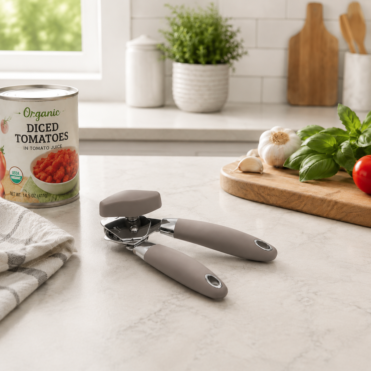 Manual Can Opener and Bottle Openers, Soft Comfortable Handles, Light Grey