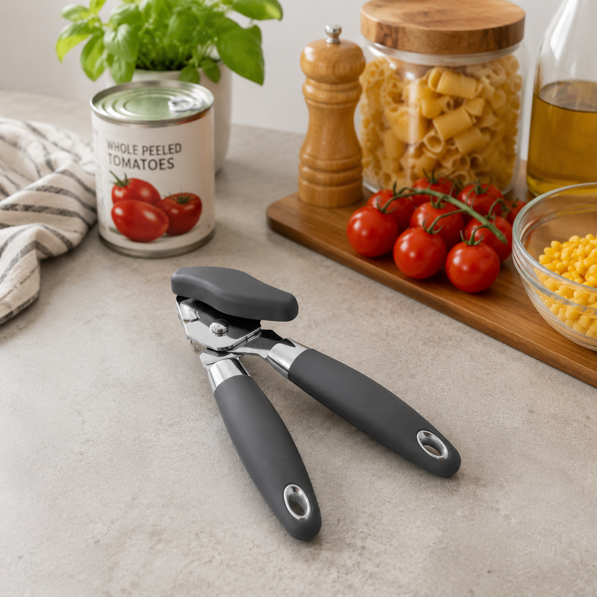 Manual Can Opener and Bottle Openers, Soft Comfortable Handles, Dark Grey