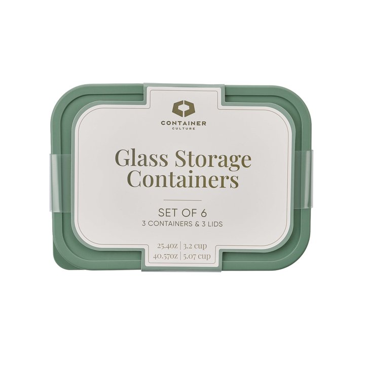 Container Culture 6-Piece Airtight Glass Food Storage Set with Lids, 25.35oz & 40.57oz Mixed Sizes - Soft Sage