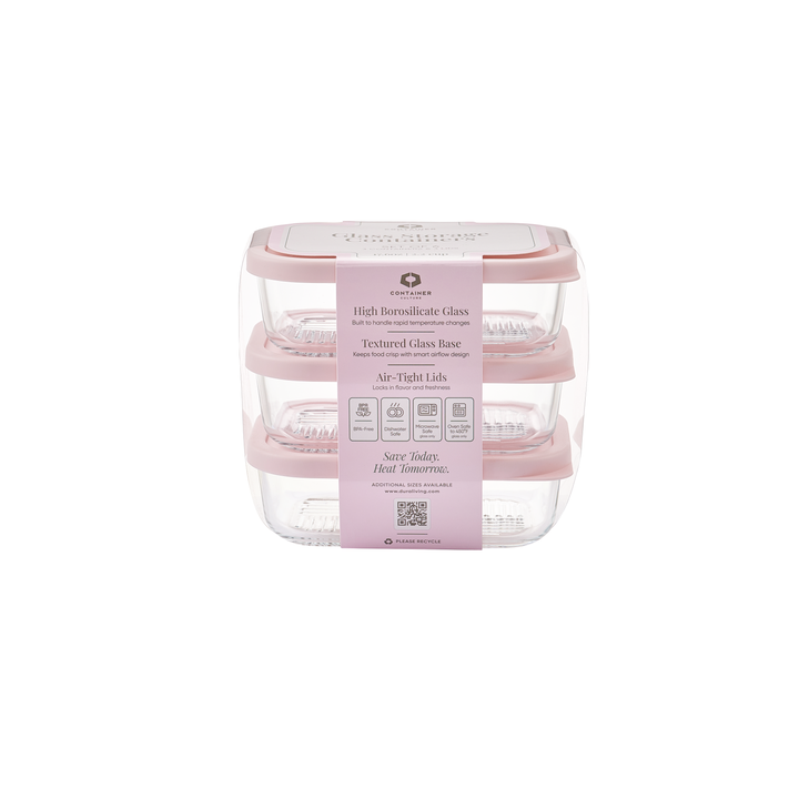 Container Culture 6-Piece Airtight Glass Food Storage Containers with Lids, 3 x 17.6oz - Berry Blush