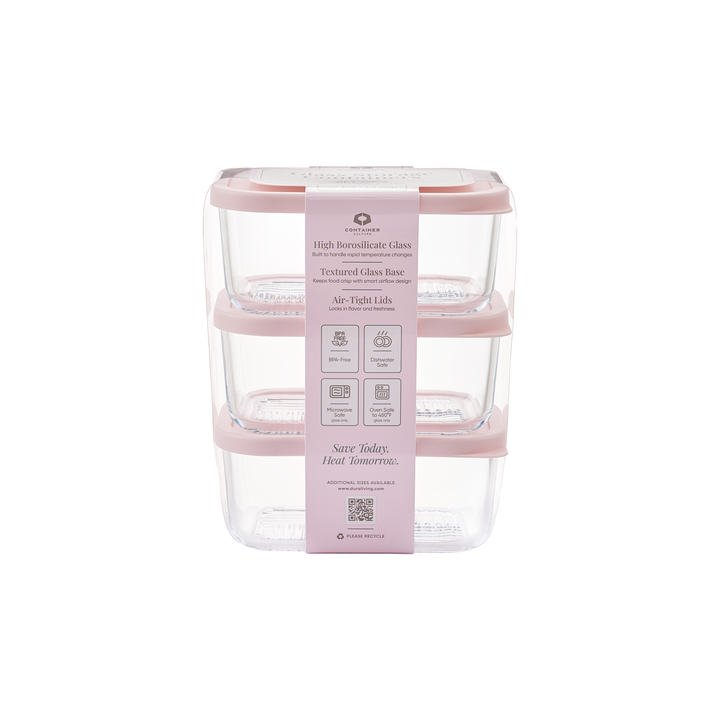 Container Culture 6-Piece Airtight Glass Food Storage Containers with Lids, 3 x 25.4oz - Berry Blush