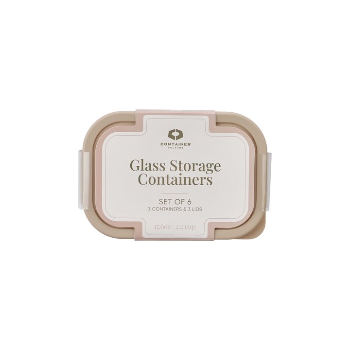 Container Culture 6-Piece Airtight Glass Food Storage Containers with Lids, 3 x 17.6oz - Cashew Cream