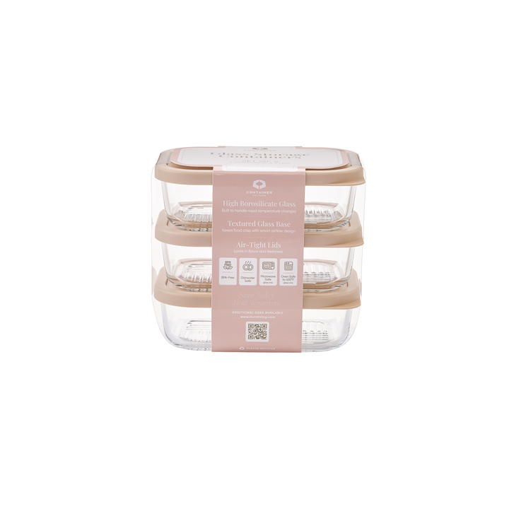 Container Culture 6-Piece Airtight Glass Food Storage Containers with Lids, 3 x 17.6oz - Cashew Cream