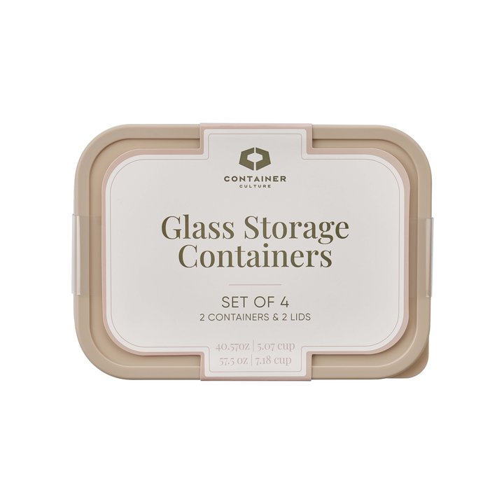 Container Culture 4-Piece Airtight Glass Food Storage Set with Lids, 40.57oz & 57.5oz Mixed Sizes - Cashew Cream