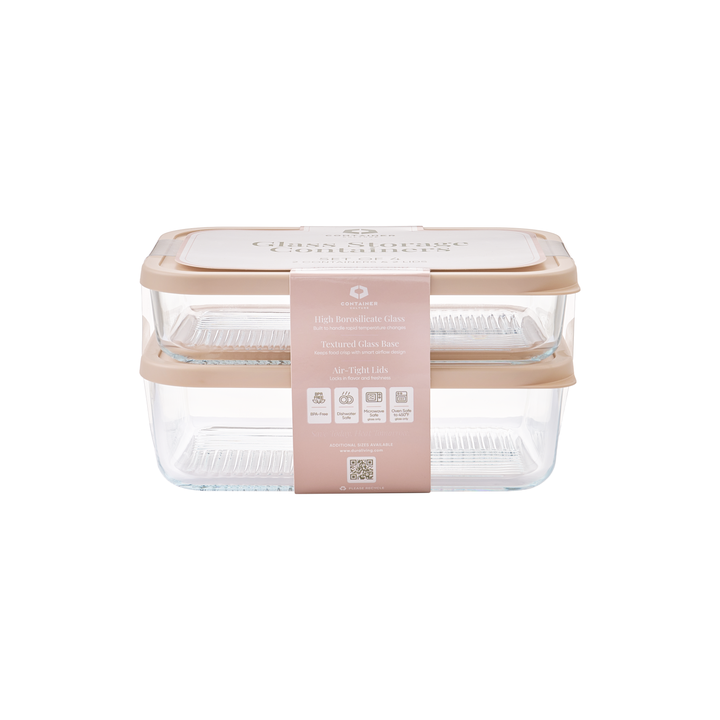 Container Culture 4-Piece Airtight Glass Food Storage Set with Lids, 40.57oz & 57.5oz Mixed Sizes - Cashew Cream