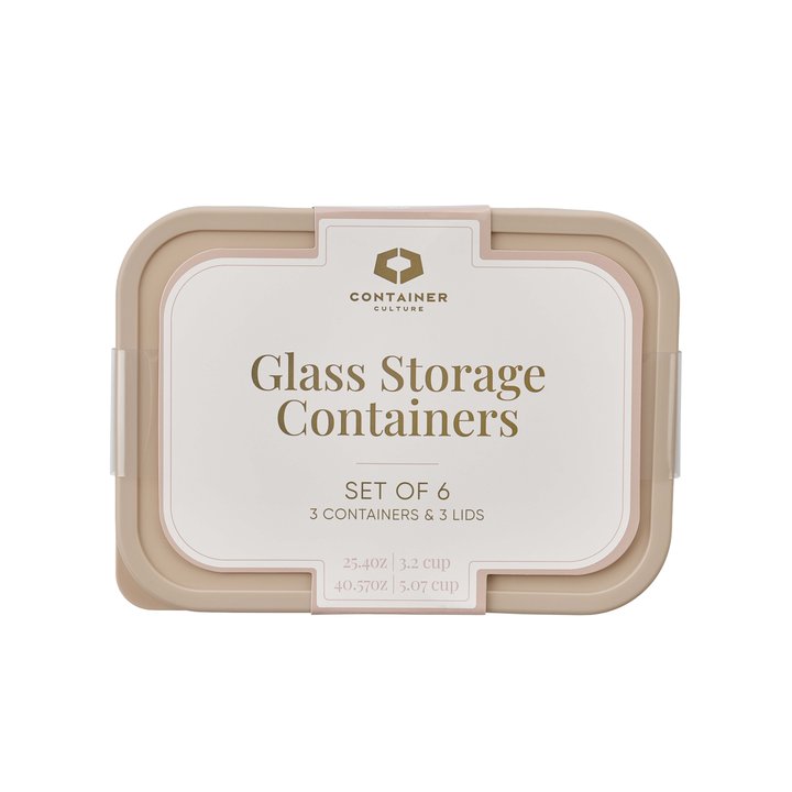 Container Culture 6-Piece Airtight Glass Food Storage Set with Lids, 25.35oz & 40.57oz Mixed Sizes - Cashew Cream