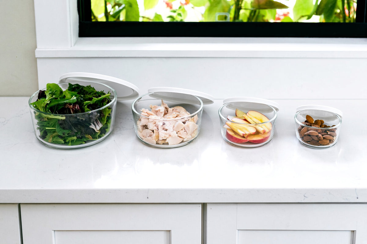 8 Piece Set (4 Containers + 4 Lids) Round Nesting Glass Storage Containers, White