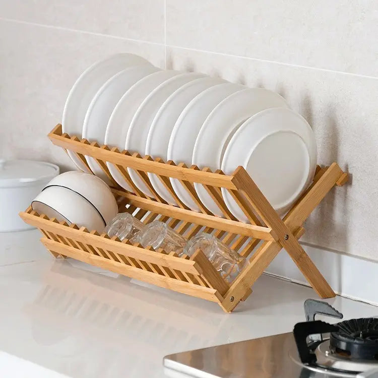 Bamboo Dish Drying Rack - 2-Tier Foldable Dish Rack for Kitchen Counter