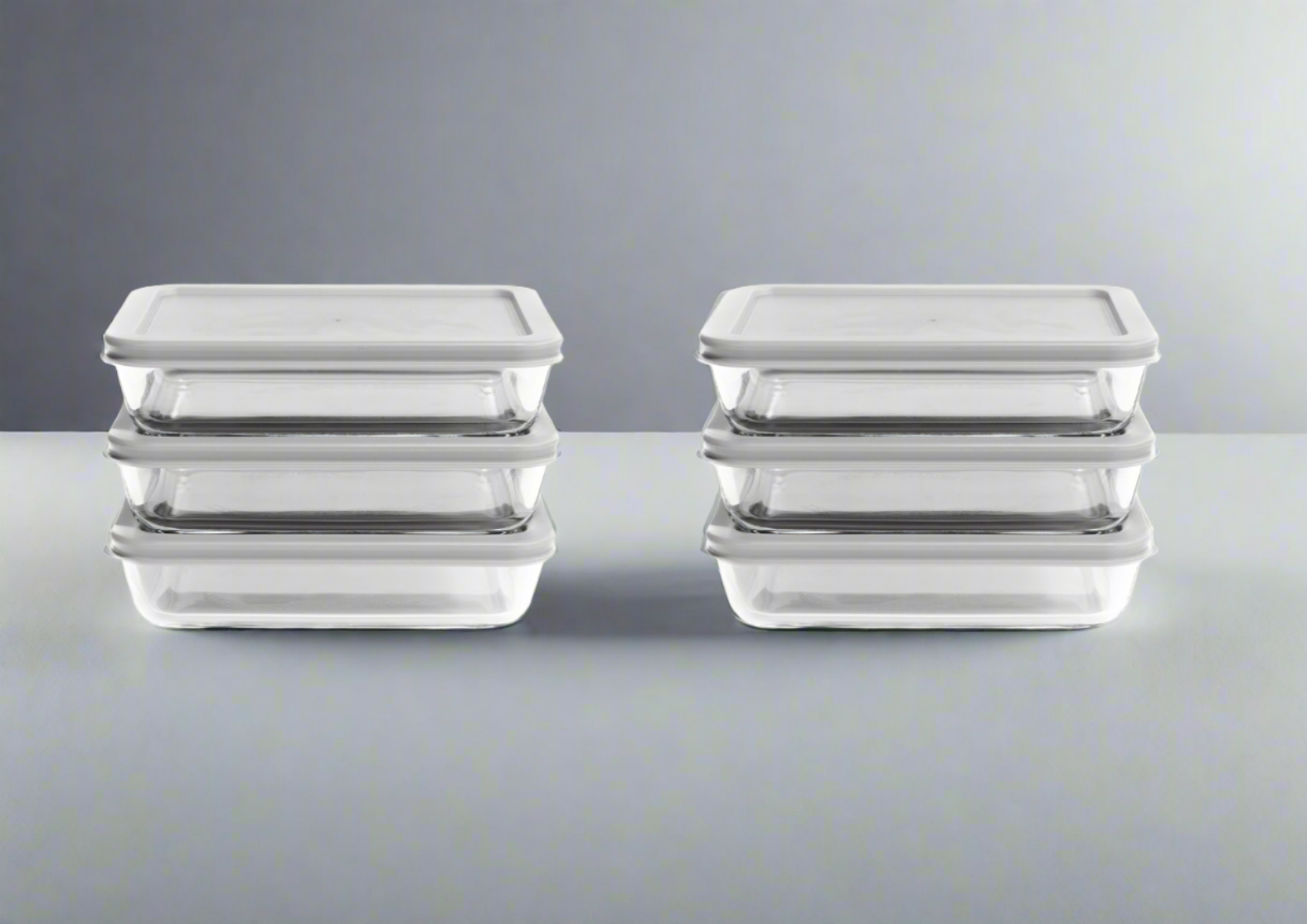 Glass Food Storage Containers - 12 Piece (6 Containers + 6 Lids) Rectangular Nesting Space-Saving Set